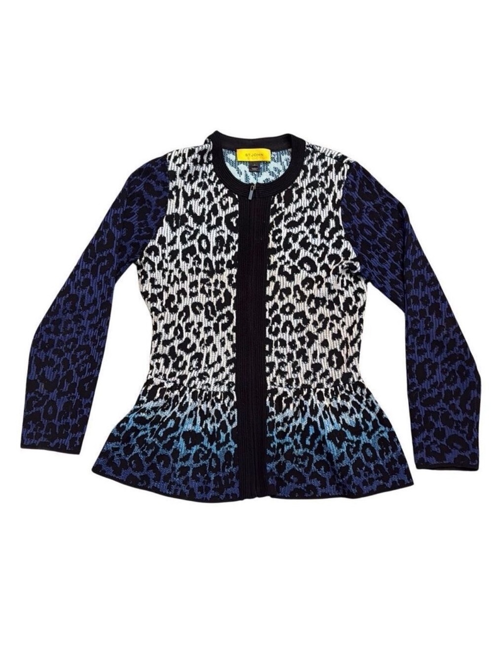 St. John Black & Blue Leopard-Print Peplum Full Zip Cardigan Jacket